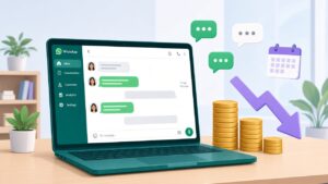 WhatsApp team inbox on a laptop next to shrinking coin stacks showing lower monthly cost