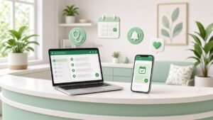 Clinic receptionist managing WhatsApp appointment bookings and reminders on a laptop