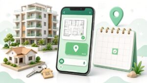 Property agent sharing a floor plan and site visit booking with a buyer on WhatsApp