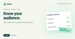 WaBot guide illustration: a contact list organised into groups and interest tags.