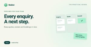 WaBot pipeline guide illustration with enquiry, quote and booked stages connected in sequence.